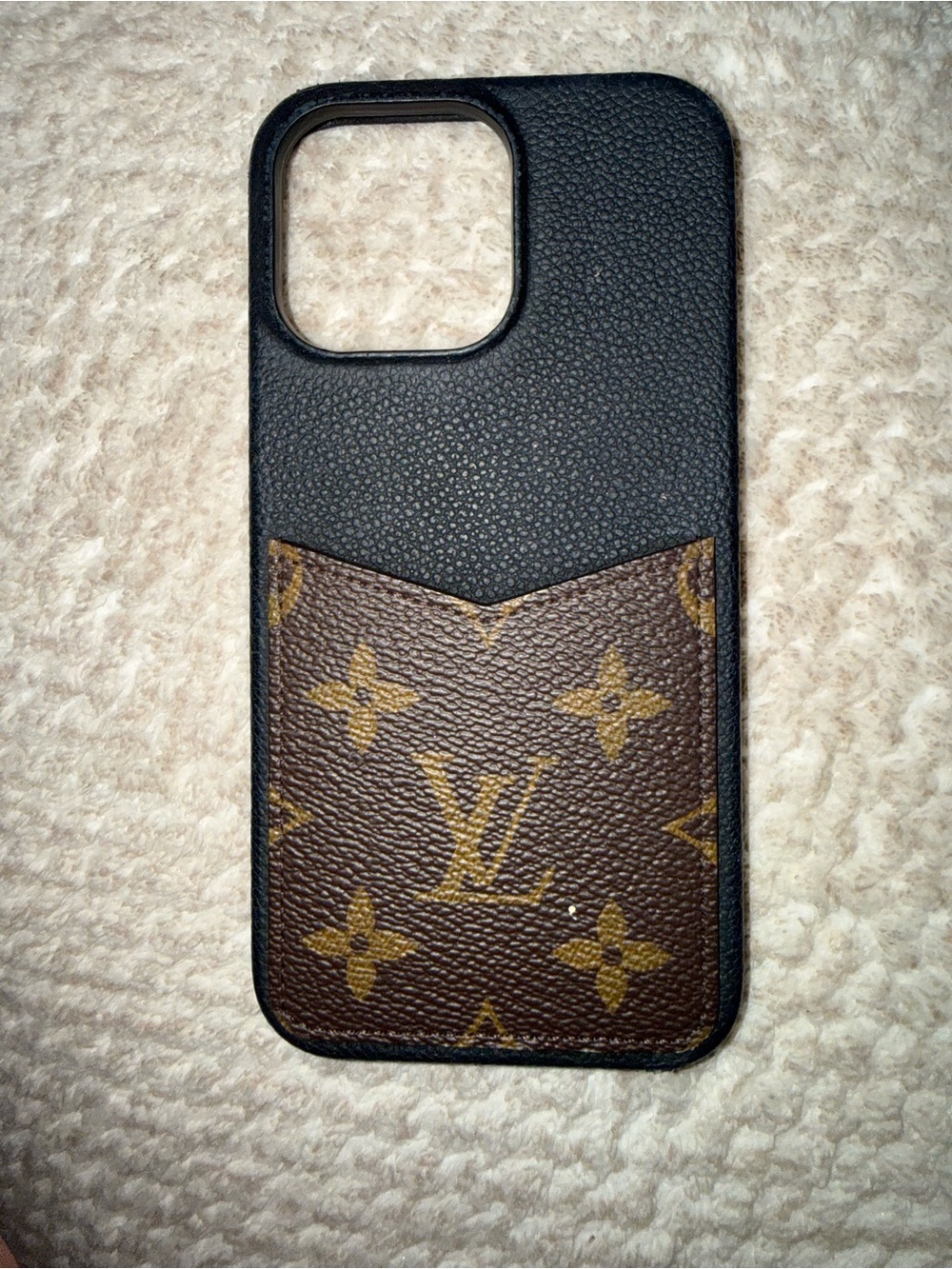 LV-Black & Brown Leatherette Phone Case with Card Pocket small tear on corner